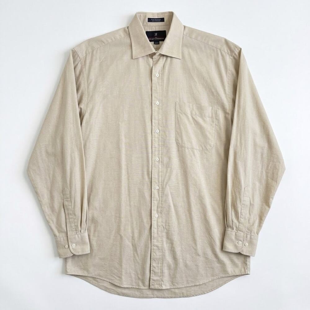 Hickey Freeman Spread Collar Dress Shirt Beige Button Front USA Made Mens 16 34